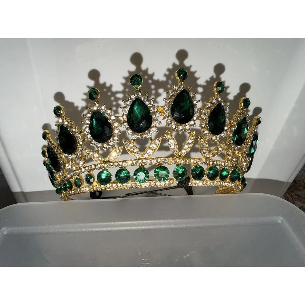 Miss Smokey Mountain Christmas Pageant Crown Gold And Green Rhinestone With Sash